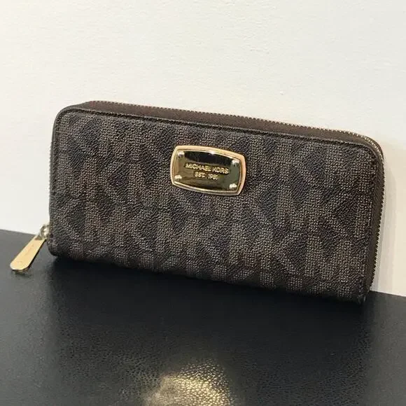 Michael Kors Jet Set Brown MK Signature Logo Large Zip Wallet Clutch - Picture 3 of 16